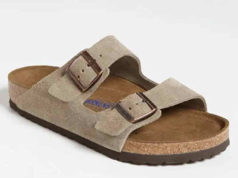 Sandals with chic metallic finishes-Birkenstock: Arizona in Taupe Suede