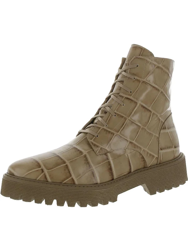 Emi Womens Leather Embossed Combat & Lace-Up Boots