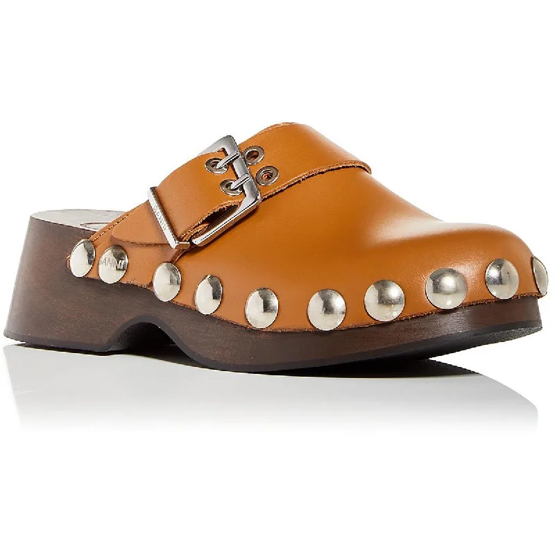 Flats for driving-Ganni Womens Retro Leather Studded Mules