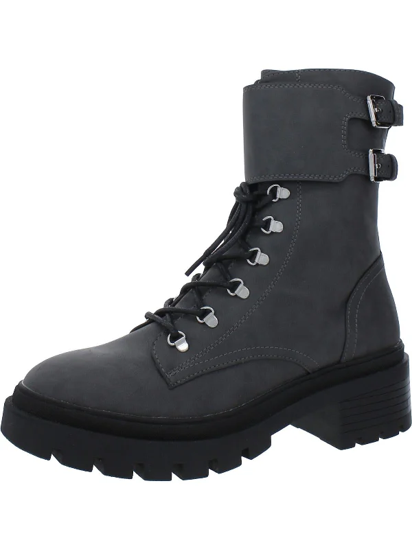 Halima Womens Faux Leather Lug Sole Combat & Lace-up Boots