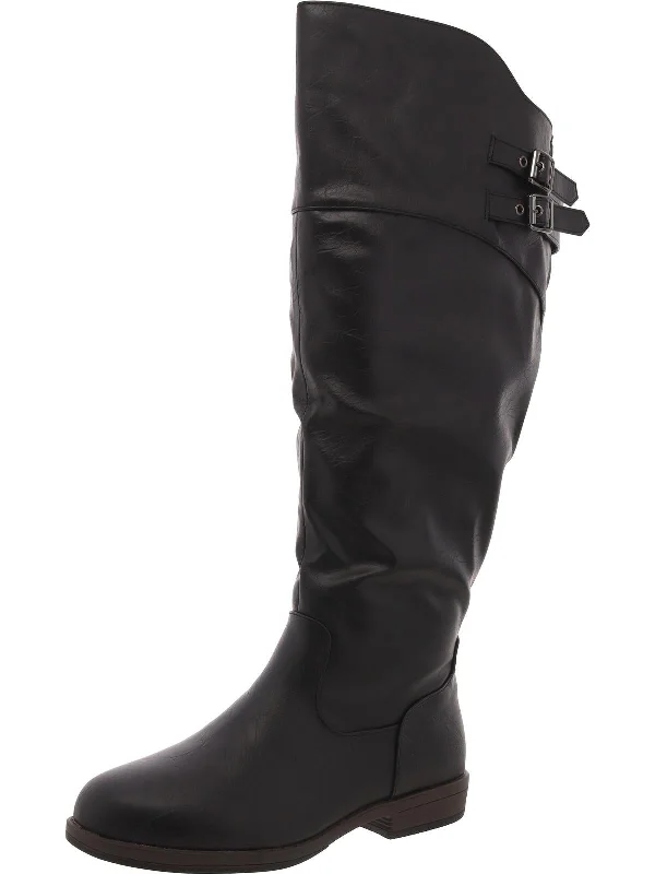 Womens Faux Leather Laceless Knee-High Boots