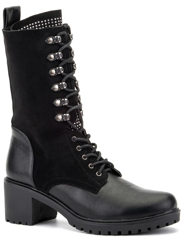 Womens Faux Leather Lugged Sole Combat & Lace-Up Boots