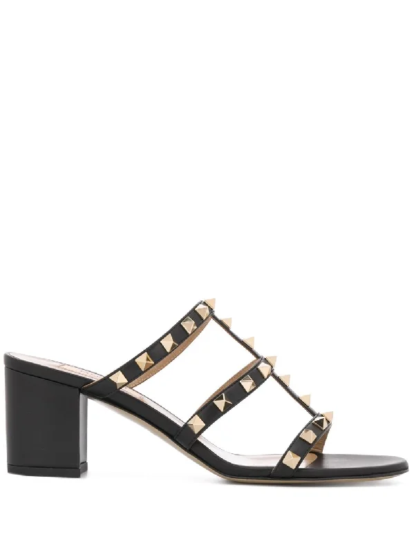 Sandals for relaxed evenings-VALENTINO GARAVANI Rockstud Leather Sandals with Mid Block Heel