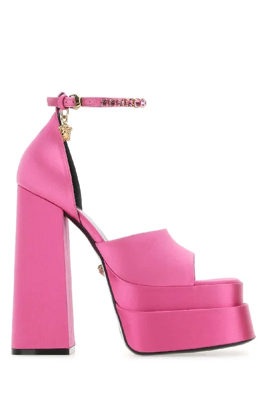 Sandals for summer comfort-VERSACE Fuchsia Satin Medusa Aevitas Mini Sandals with 16 cm Heel