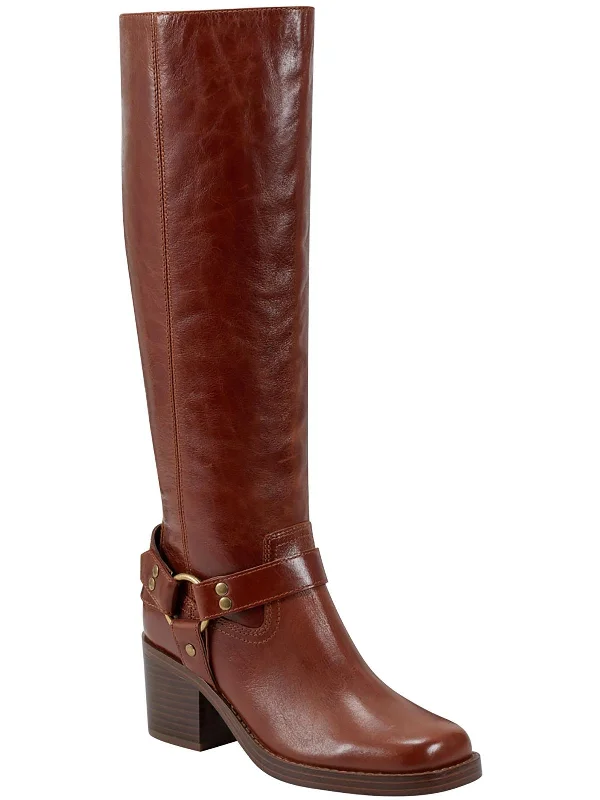 Womens Leather Block Heel Knee-High Boots