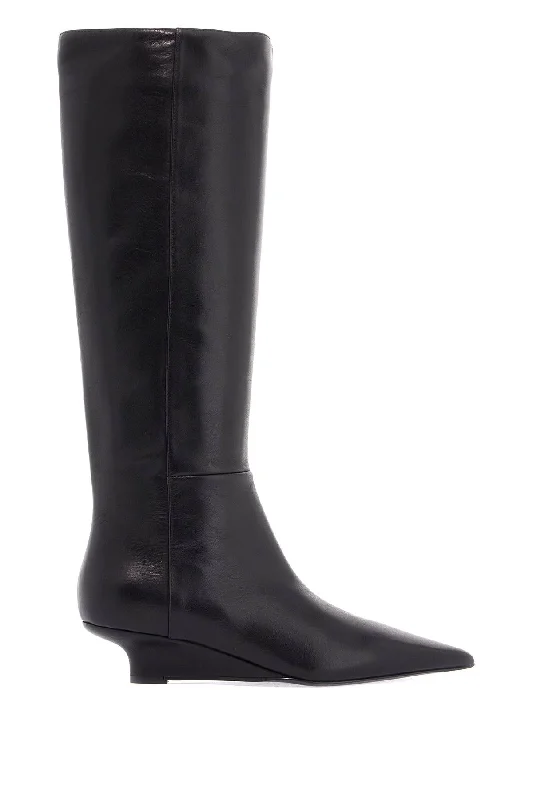 Toteme Black Leather Knee-High Boots With Low Heel And Pointed Toe