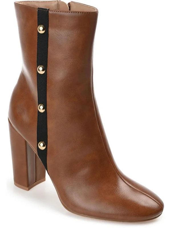 Womens Leather Block Heel Mid-Calf Boots