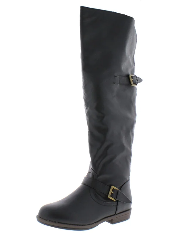 Womens Faux Leather Buckle Riding Boots