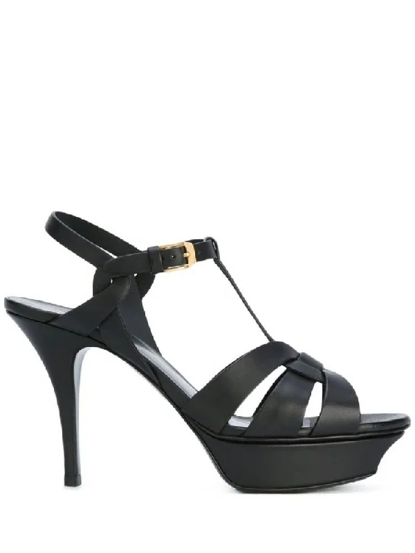 Sandals with quick-dry soles-SAINT LAURENT Tribute Heeled Leather Sandals with Adjustable Strap