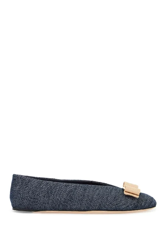 Flats with crystal design-Ferragamo Denim Ballet Flats with Raffia Bow