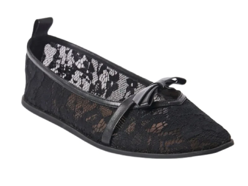 Flats with cushioned feel-Free People: Mesh Mania Bow Flat in Black Pattern / Embroidered