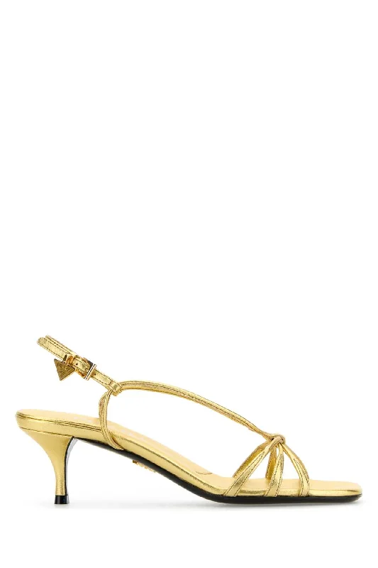 Sandals with rugged footbeds-PRADA Luxurious Gold Leather Sandals with 5.5 cm Heel Height