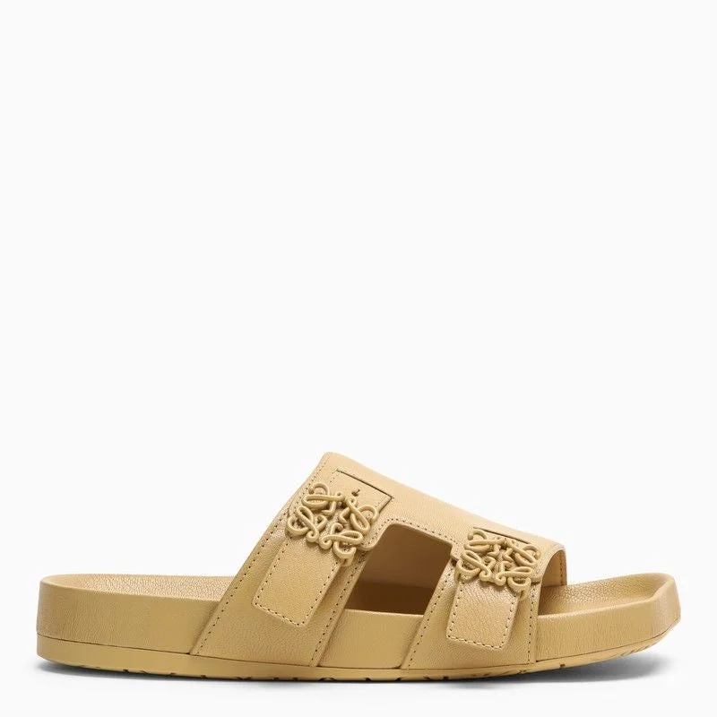 Sandals with supportive arches-LOEWE Beige Leather Slide Sandal with Logo Buckle