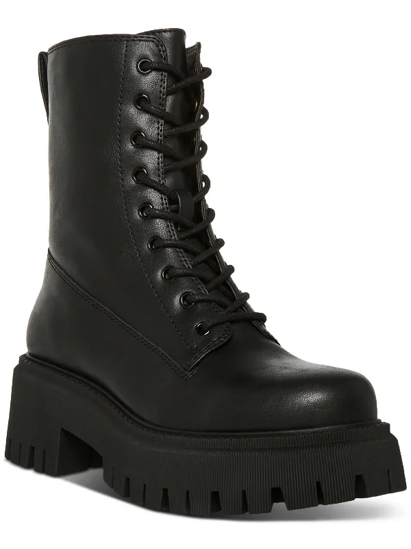 Knight Womens Faux Leather Lug Sole Combat & Lace-Up Boots