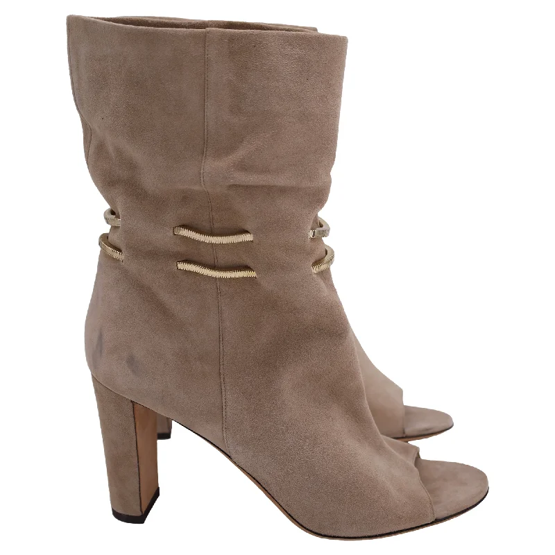 Jimmy Choo  Mysen 100 Open-Toe with Chain Accent Heeled Boots in Brown Suede